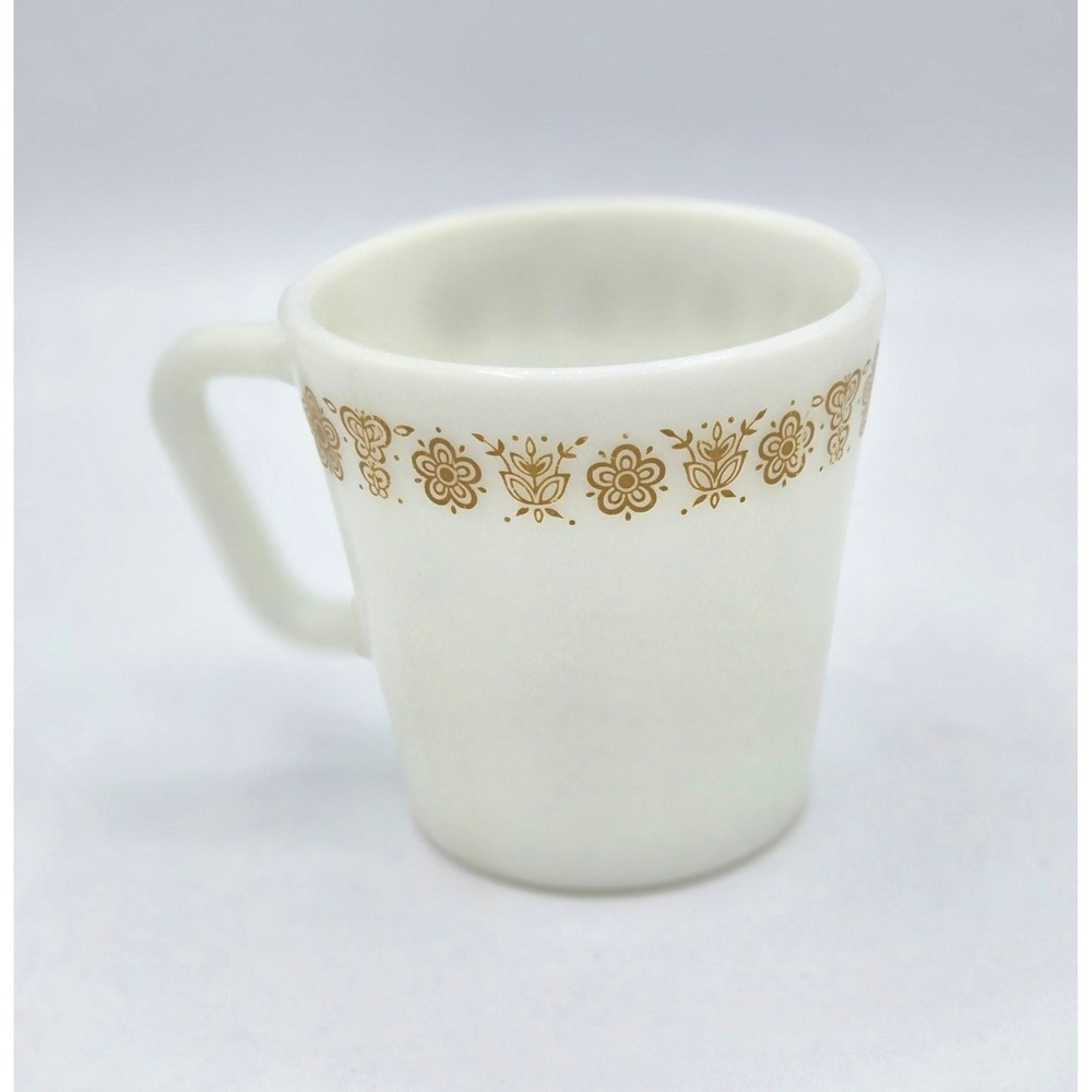 Vintage Pyrex White Milk Glass Mug - Gold Floral Pattern #1410 - 3.5" Tall